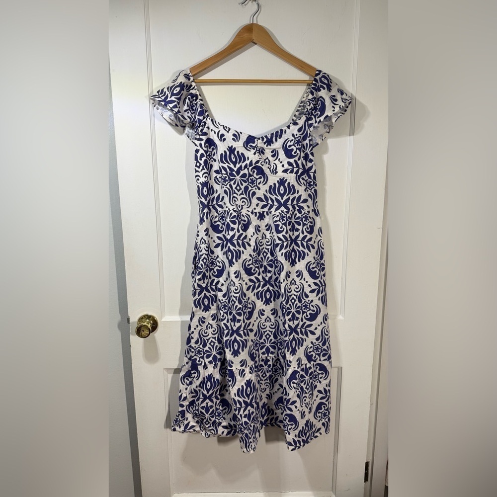 Blue and White Ruffled Midi Sundress with Flutter Cap Sleeves -Made in Italy